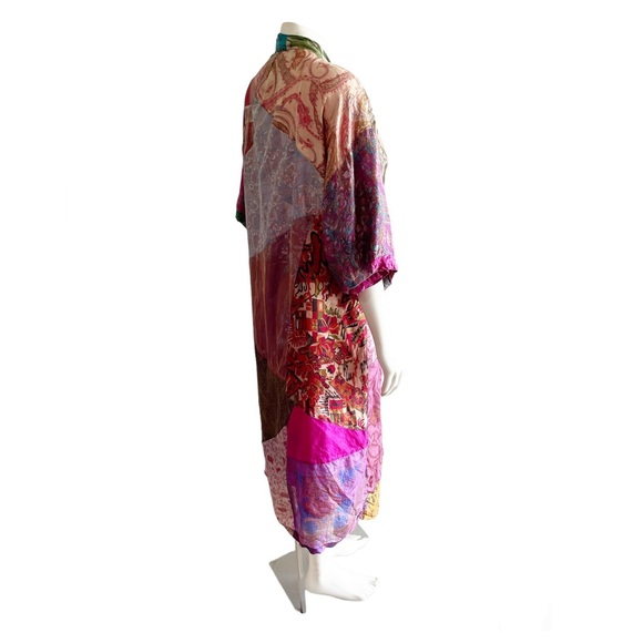 Sacred Threads Silk Kimono Robe Multicolor Patchwork Small - Picture 8 of 16